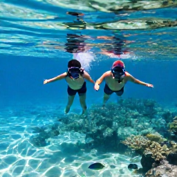 Caribbean Holidays, July Barbados, Snorkelling couple in clear Caribbean water near a Barbados beach, colourful fish and coral visible below