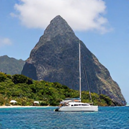 Caribbean Holidays, July Beach Holidays, A catamaran sailing along the Saint Lucia coastline in bright July sunshine, volcanic peaks and rainforest-covered hills behind