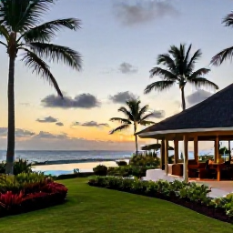 Caribbean Holidays, July Beach Holidays, A comfortable beachfront hotel in Saint Lucia at sunset, tropical gardens, swimming pool and calm sea