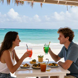 Caribbean Holidays, July Beach Holidays, A couple enjoying a relaxed beachside lunch and cold drinks at a casual restaurant in Providenciales, Turks and Caicos