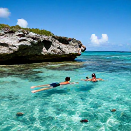 Caribbean Holidays, July Beach Holidays, A couple snorkelling in clear shallow water beside a rocky Saint Barth&eacute;lemy cove, with colourful fish visible below