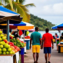 Caribbean Holidays, July Beach Holidays, A couple walking through a colourful Saint Lucia market near the coast, tropical fruit stalls and friendly local atmosphere