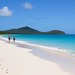 Caribbean Holidays, July Beach Holidays, A quiet sandy beach in the Grenadines with clear blue water, green hills in the distance and a couple walking beside the sea