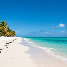Caribbean Holidays, July Beach Holidays, A sunlit Caribbean beach in July with calm turquoise water, soft white sand and a few palm trees under a bright blue sky