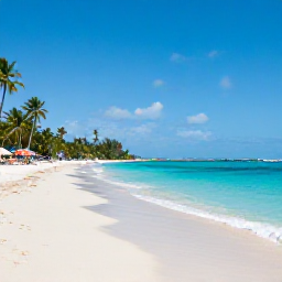 Caribbean Holidays, July Beach Holidays, A sunlit Caribbean beach on Saint Vincent with calm turquoise water, soft sand, palm trees and a few colourful beach umbrellas