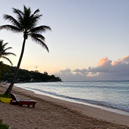 Caribbean Holidays, July Beach Holidays, A wide sandy beach in Saint Lucia at sunrise, calm turquoise sea, palm trees and a few sun loungers