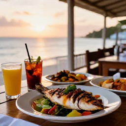 Caribbean Holidays, July Beach Holidays, An outdoor Caribbean restaurant beside the sea at sunset, serving fresh grilled fish and colourful local dishes