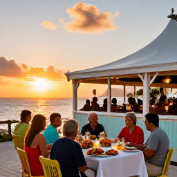 Caribbean Holidays, July Beach Holidays, Colourful beachside restaurant in Grand Case, Saint Martin, with diners enjoying fresh seafood and a Caribbean sunset