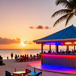 Caribbean Holidays, July Beach Holidays, Colourful Caribbean beach bar near Frigate Bay on Saint Kitts at sunset, with outdoor tables, palm trees and relaxed holiday visitors