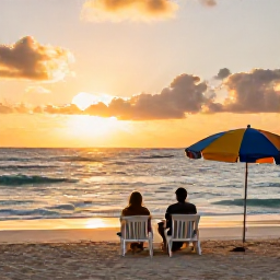 Caribbean Holidays, July Beach Holidays, Couple relaxing on a Caribbean beach at sunset in July, with gentle waves, golden light and colourful beach umbrellas