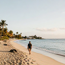 Caribbean Holidays, July Beach Holidays, Couple walking along a quiet Caribbean beach on Saint Martin at golden hour, with gentle waves and palm trees