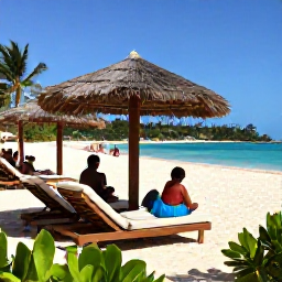 Caribbean Holidays, July Beach Holidays, Friendly Caribbean beach resort in July with shaded sun loungers, a relaxed pool area, tropical plants and guests enjoying the sunshine