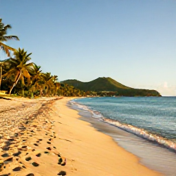 Caribbean Holidays, July Beach Holidays, Golden sandy beach on Saint Kitts with calm turquoise Caribbean water, palm trees and distant green hills in warm July sunshine