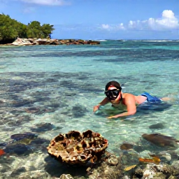 Caribbean Holidays, July Beach Holidays, Snorkeller exploring clear shallow water near Saint Kitts, with colourful fish, coral, rocky coastline and bright tropical daylight