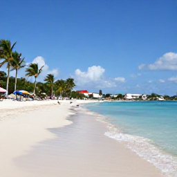 Caribbean Holidays, July Beach Holidays, Sunny Caribbean beach with calm turquoise water, white sand, palm trees and a few colourful umbrellas on Saint Martin in July