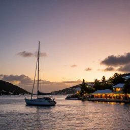 Caribbean Holidays, July Beach Holidays, Sunset over Gustavia harbour in Saint Barth&eacute;lemy, with boats on calm water and warmly lit waterfront restaurants