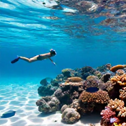 Caribbean Holidays, July Beach Holidays, Travellers snorkelling in clear Caribbean water above colourful coral and tropical fish near a sandy island beach