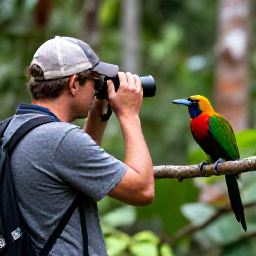 Caribbean Holidays, July Birdwatching, A birdwatcher quietly observing colourful Caribbean birds in rainforest near Mount Liamuiga, Saint Kitts