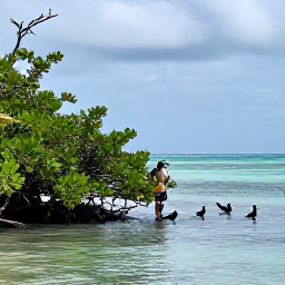 Caribbean Holidays, July Birdwatching, A calm Caribbean shoreline on Nevis with a birdwatcher photographing seabirds near mangroves