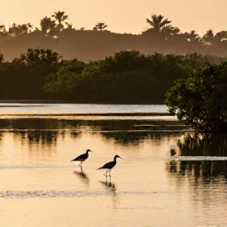 Caribbean Holidays, July Birdwatching, A Caribbean wetland at sunrise with wading birds, mangroves and calm reflective water