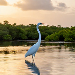 Caribbean Holidays, July Birdwatching, A great egret standing in calm mangrove shallows at sunset in Antigua, Caribbean island scenery