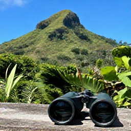Caribbean Holidays, July Birdwatching, A lush Saint Kitts hillside in July with tropical forest, clear skies and a pair of binoculars in the foreground
