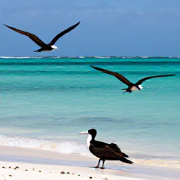 Caribbean Holidays, July Birdwatching, Aruba coastline with a lone frigatebird and brown pelicans flying above clear turquoise sea and sandy shore