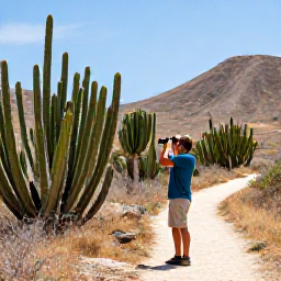 Caribbean Holidays, July Birdwatching, Birdwatcher using binoculars beside a cactus-lined trail in Cura&ccedil;ao, with dry hills and bright Caribbean light