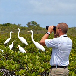 Caribbean Holidays, July Birdwatching, Birdwatcher using binoculars beside a mangrove wetland on Providenciales, with white herons and egrets in the background