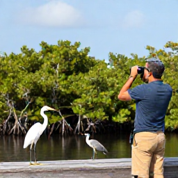 Caribbean Holidays, July Birdwatching, Birdwatcher using binoculars beside a mangrove wetland with egrets and herons on Saint Martin