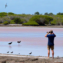 Caribbean Holidays, July Birdwatching, Birdwatcher using binoculars beside a quiet salt pond with wading birds and mangroves in Antigua