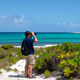 Caribbean Holidays, July Birdwatching, Birdwatcher using binoculars beside coastal scrub with a view across the turquoise sea on Saint Barth&eacute;lemy