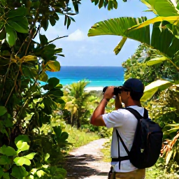 Caribbean Holidays, July Birdwatching, Birdwatcher using binoculars on a shaded tropical trail overlooking the coast of St John