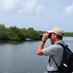 Caribbean Holidays, July Birdwatching, Birdwatcher with binoculars beside a quiet mangrove lagoon on Tortola, British Virgin Islands, in July