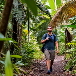Caribbean Holidays, July Birdwatching, Birdwatcher with binoculars walking along a rainforest trail in Saint Lucia, surrounded by tropical plants