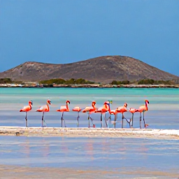Caribbean Holidays, July Birdwatching, Bright pink flamingos at a Cura&ccedil;ao salt pan with low hills, turquoise water and a clear July sky