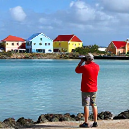 Caribbean Holidays, July Birdwatching, Colourful Aruba landscape with a birdwatcher using binoculars near a calm lagoon in warm July sunshine