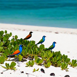 Caribbean Holidays, July Birdwatching, Colourful Caribbean birds resting in scrub beside a quiet white-sand beach on Grand Turk in July