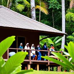 Caribbean Holidays, July Birdwatching, Colourful hummingbirds feeding beside a forest lodge in Trinidad, with lush tropical vegetation and birdwatchers observing quietly