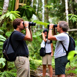 Caribbean Holidays, July Birdwatching, Early morning birdwatchers exploring a quiet Caribbean rainforest trail with binoculars and a local guide
