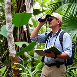 Caribbean Holidays, July Birdwatching, Expert birdwatcher walking through dense tropical forest on Saint Vincent with binoculars and field guide