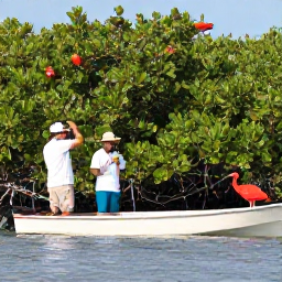 Caribbean Holidays, July Birdwatching, Expert birdwatchers in a small boat watching scarlet ibis among mangroves in Caroni Swamp