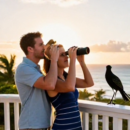 Caribbean Holidays, July Birdwatching, Friendly holiday couple relaxing on an Aruba balcony after birdwatching, with binoculars, sunset light and island scenery