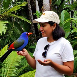 Caribbean Holidays, July Birdwatching, Friendly local bird guide showing visitors a colourful Caribbean bird in a tropical nature reserve