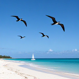 Caribbean Holidays, July Birdwatching, Frigatebirds and pelicans flying above a quiet Grenadine beach with turquoise water and sailing boats