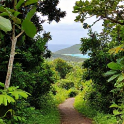 Caribbean Holidays, July Birdwatching, Lush July birdwatching trail through tropical woodland on Tortola, with hills and Caribbean sea in the distance