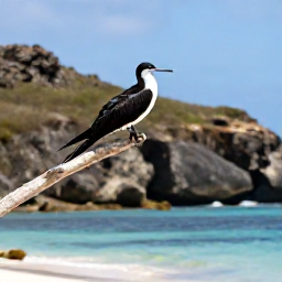 Caribbean Holidays, July Birdwatching, Magnificent frigatebird perched on a branch above a quiet Saint Barth&eacute;lemy beach, with rugged hills in the background