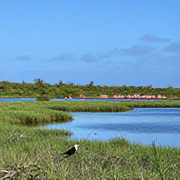 Caribbean Holidays, July Birdwatching, Peaceful Bubali Bird Sanctuary in Aruba with wetland pools, reeds, flamingos and tropical birds under a blue sky