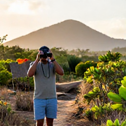 Caribbean Holidays, July Birdwatching, Quiet Antigua nature trail in soft morning light, with binoculars, tropical scrub and distant Caribbean hills