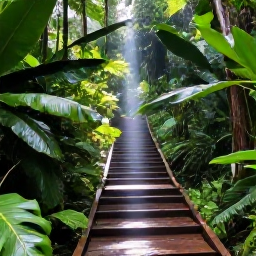 Caribbean Holidays, July Birdwatching, Quiet tropical birdwatching trail after a light rain in Tobago, with broad leaves, wooden steps and shafts of sunlight
